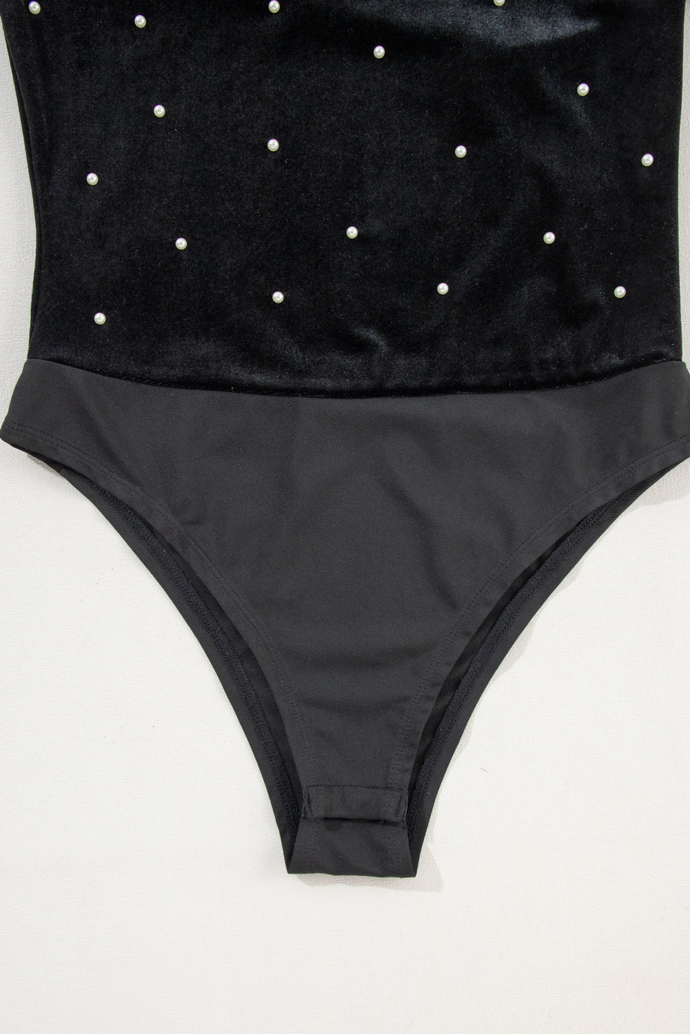 Pearl Detail Velvet V-Neck Long Sleeve Bodysuit