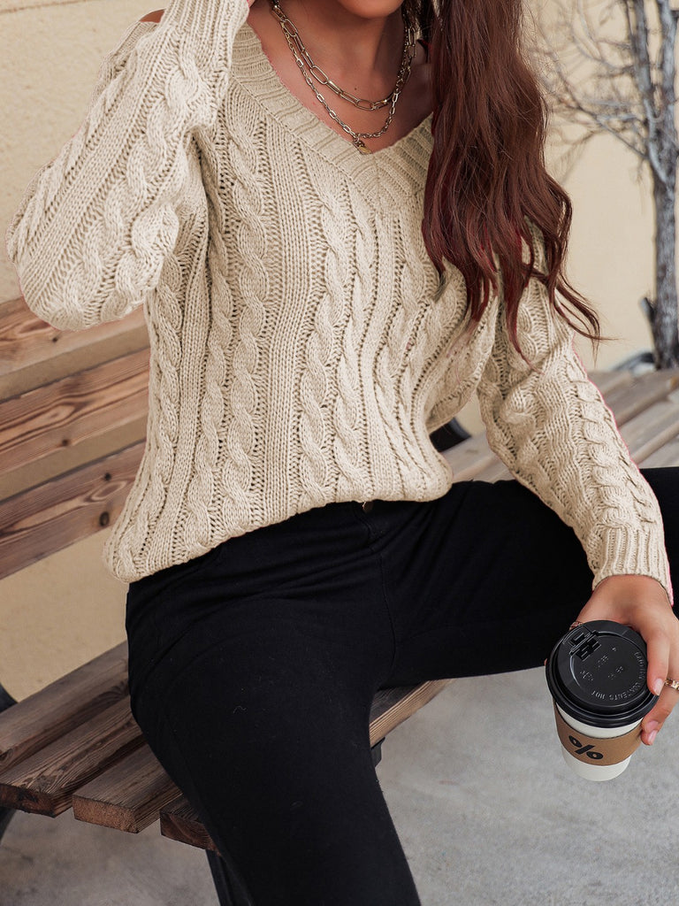 Honey Cable-Knit V-Neck Cold Shoulder Sweater