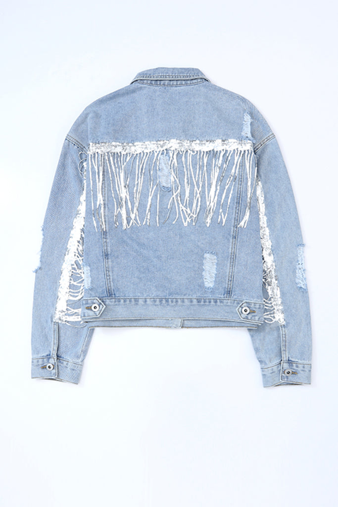 Sequin Fringe Trim Distressed Button Up Denim Jacket