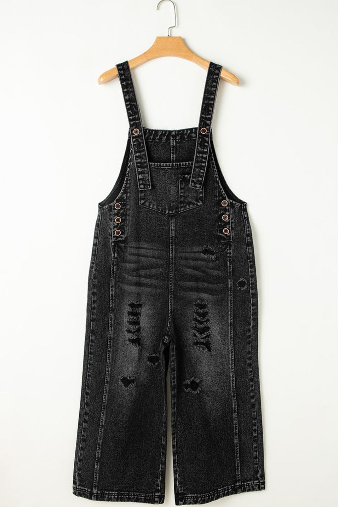 Distressed Wide Strap Denim Overalls