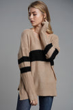 Slit Contrast V-Neck Long Sleeve Sweater