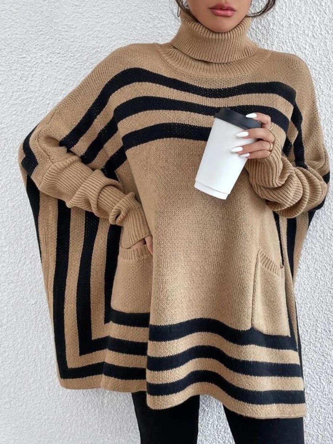 Striped Turtleneck Batwing Sleeve Sweater with Pockets