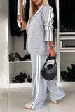 Full Size Contrast Lapel Collar Top and Pants Set