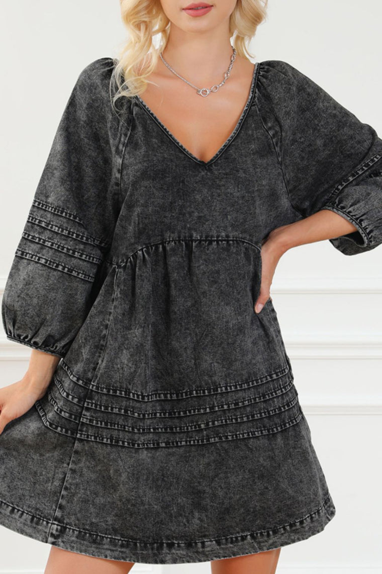 V-Neck Three Quarter Sleeve Denim Dress