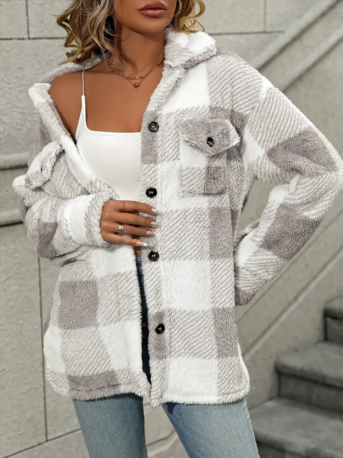 Plaid Dropped Shoulder Long Sleeve Plush Coat