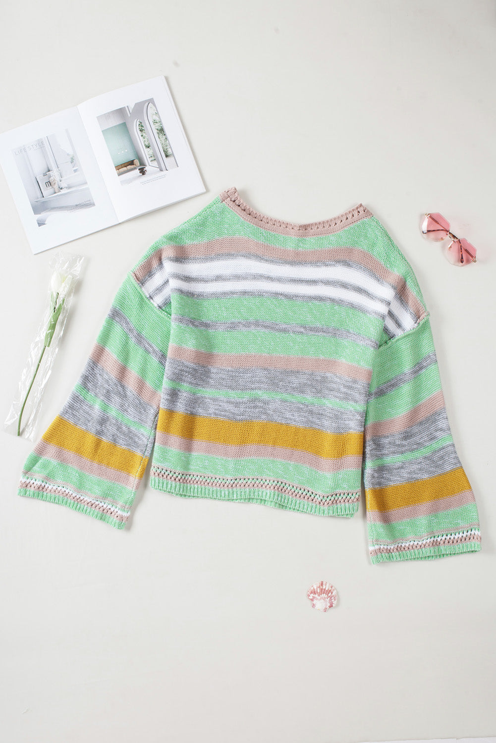 Contrast Striped Boat Neck Dropped Shoulder Sweater