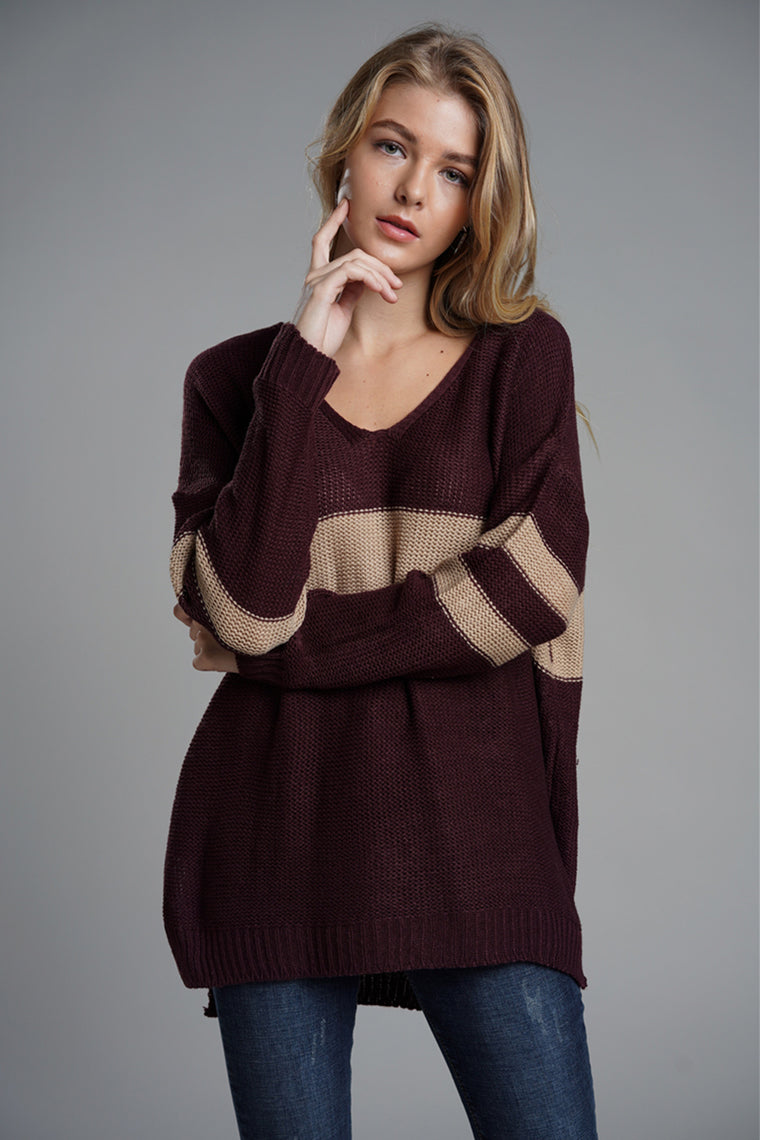 Slit Contrast V-Neck Long Sleeve Sweater