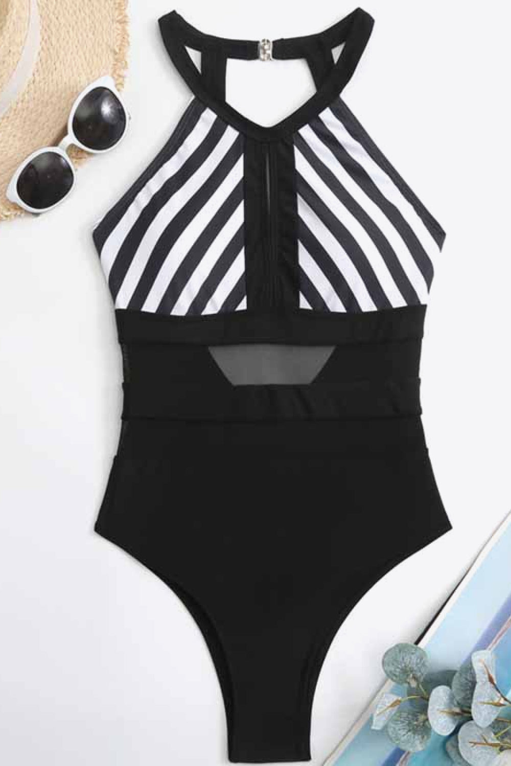 Striped Backless One-Piece Swimsuit - Dash Trend