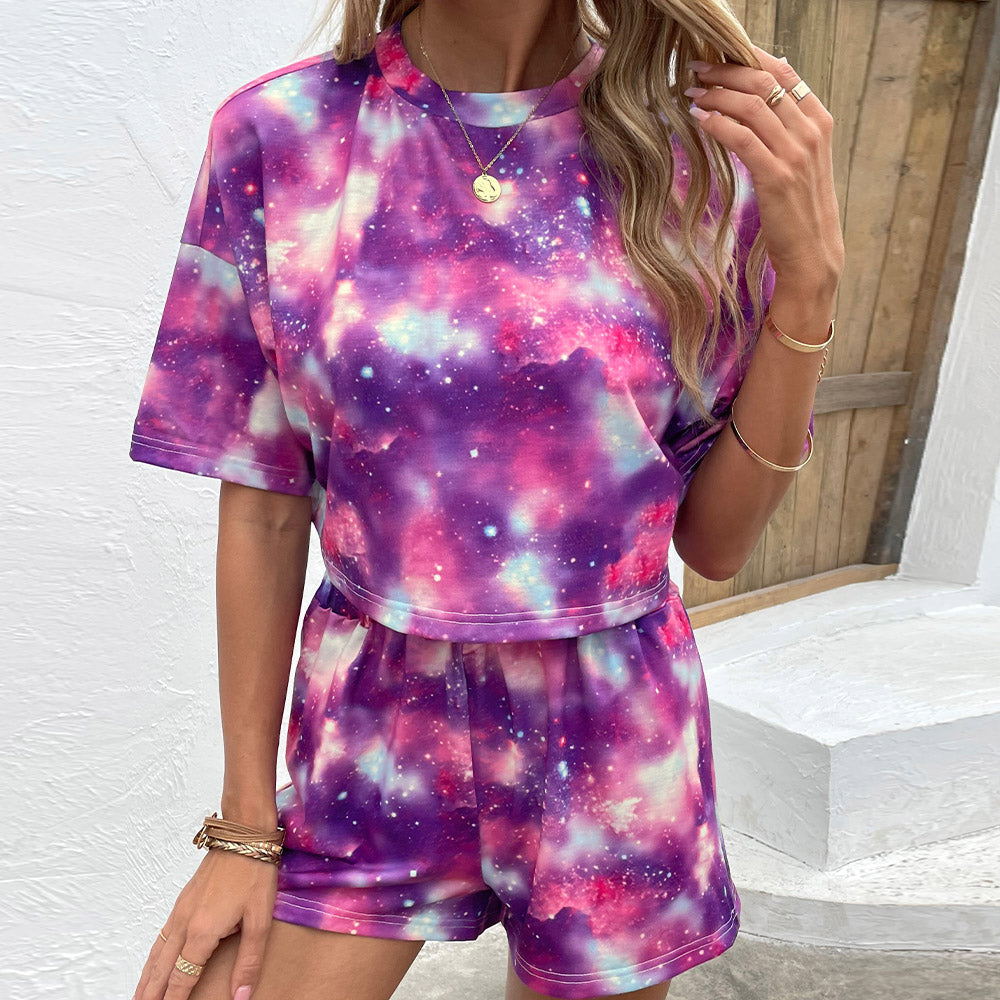 Tie Dye Round Neck Dropped Shoulder Half Sleeve Top and Shorts Set - Dash Trend