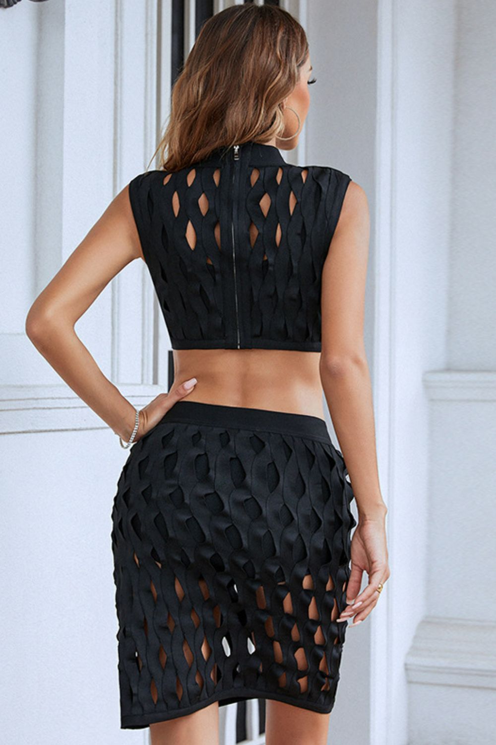 Openwork Cropped Top and Skirt Set - Dash Trend
