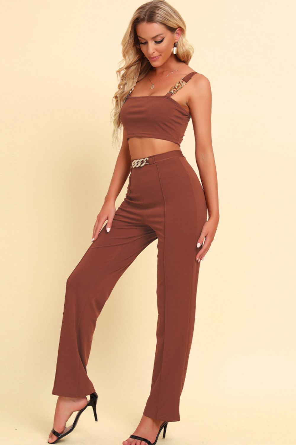 Chain Detail Cropped Cami and Straight Leg Pants Set - Dash Trend