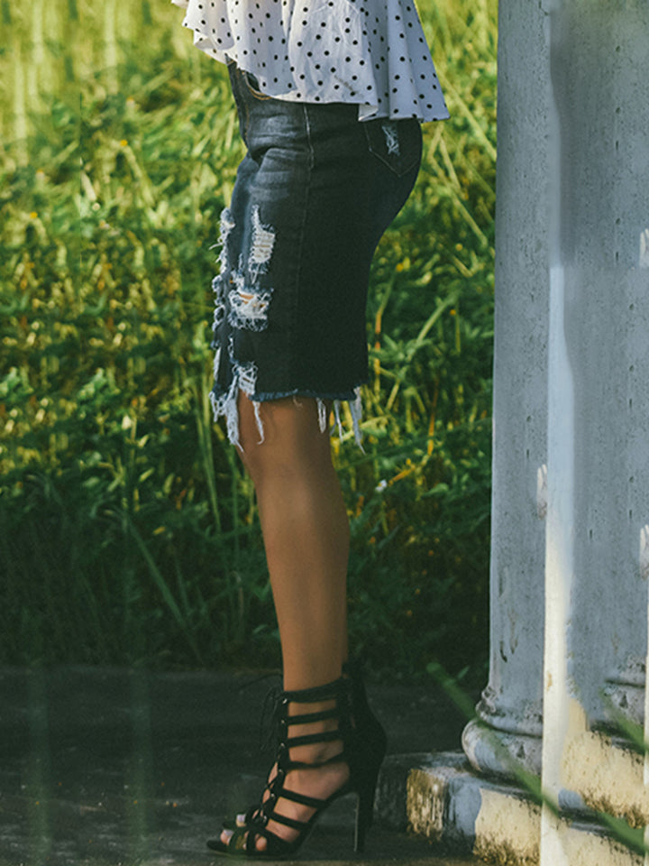 Full Size Distressed Slit Denim Skirt - Dash Trend