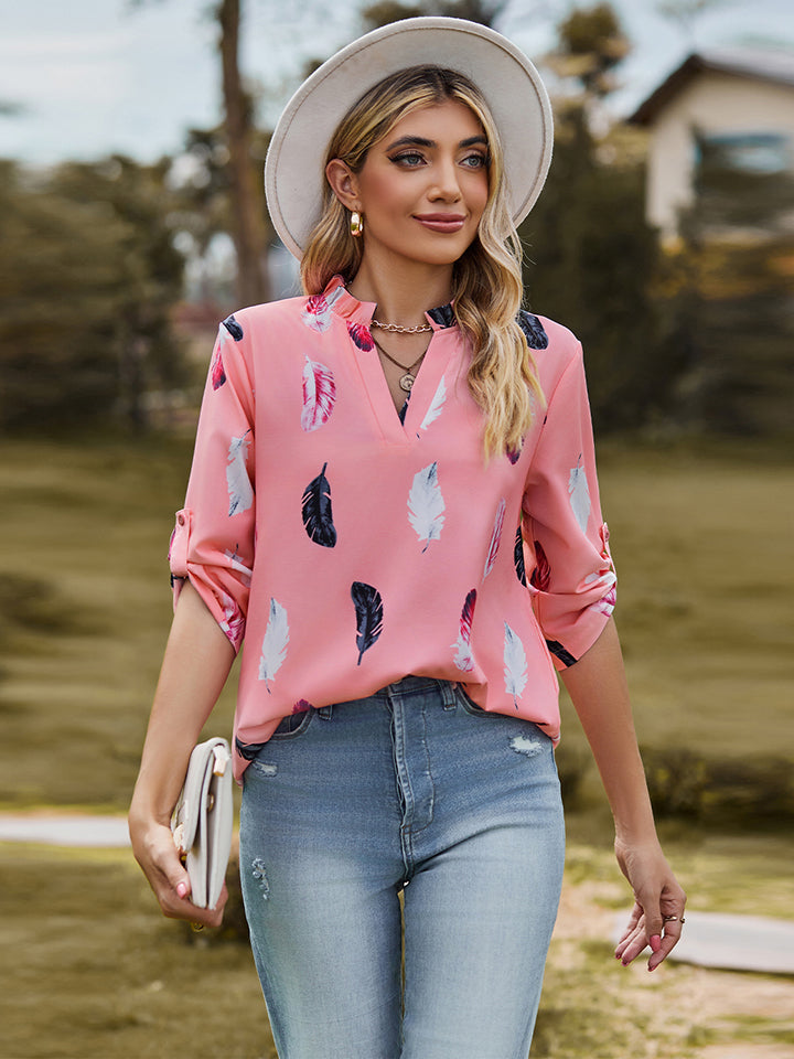 Printed Roll-Tab Sleeve Notched Neck Blouse
