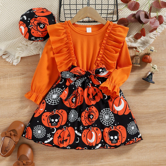 Round Neck Ruffle Trim Halloween Theme Dress - Dash Trend