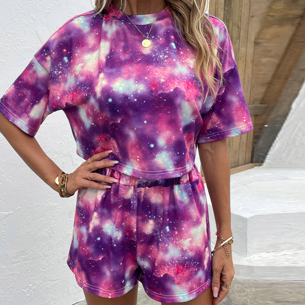 Tie Dye Round Neck Dropped Shoulder Half Sleeve Top and Shorts Set - Dash Trend