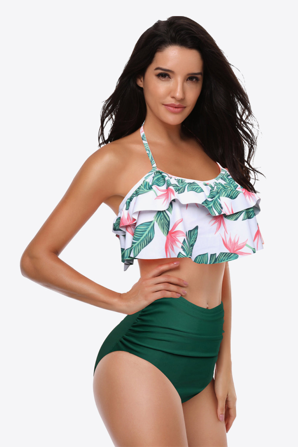 Two-Tone Ruffled Halter Neck Two-Piece Swimsuit - Dash Trend