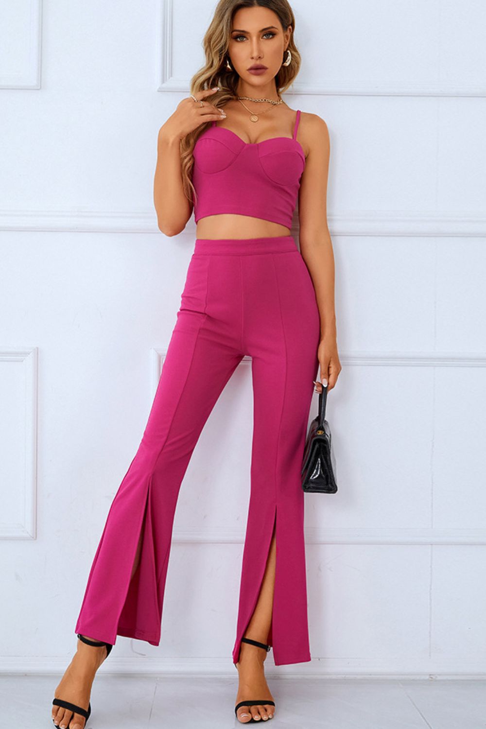 Sweetheart Neck Sports Cami and Slit Ankle Flare Pants Set - Dash Trend