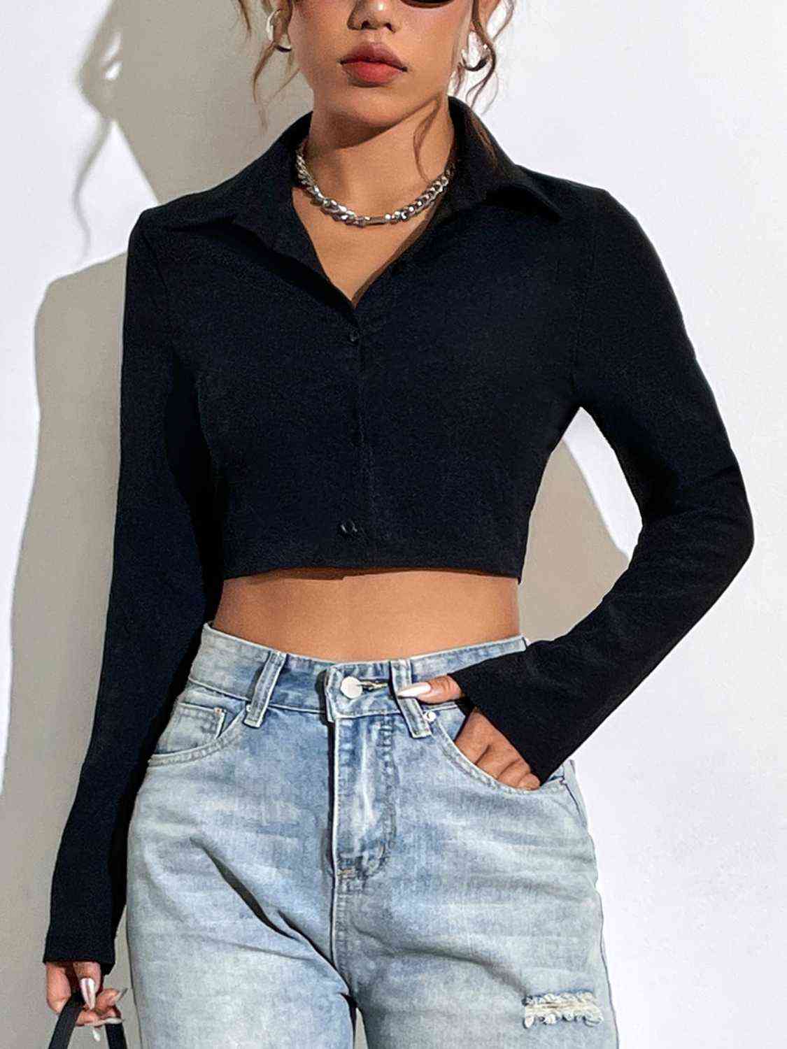 Button Up Collared Neck Long Sleeve Blouse - Dash Trend