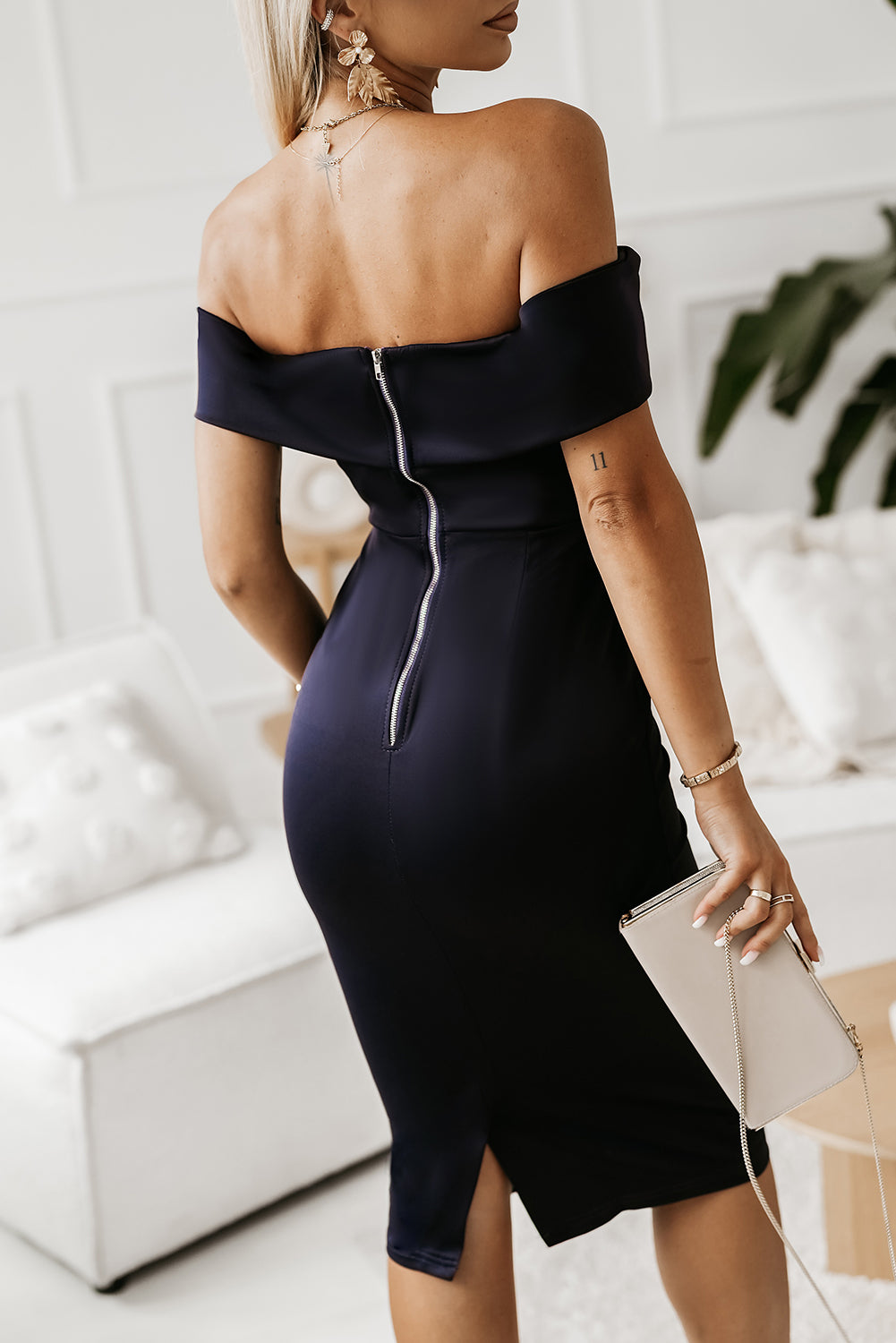 Off-Shoulder Zip-Back Slit Dress - Dash Trend
