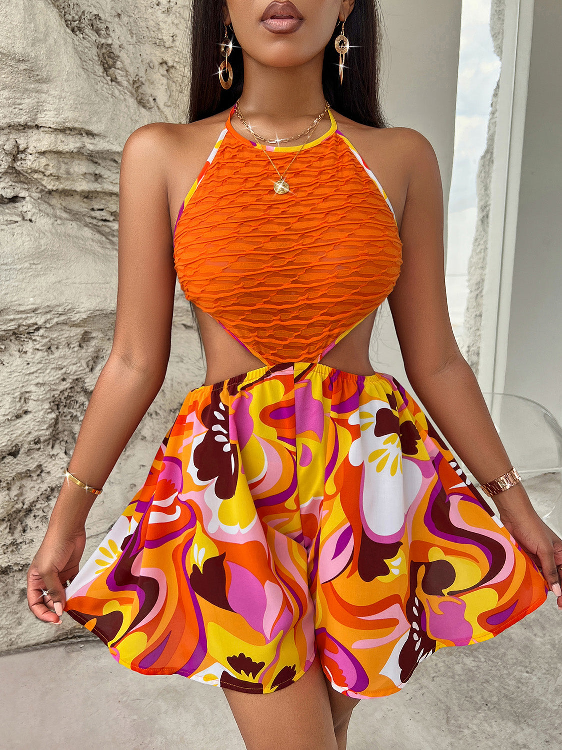 Sleeveless Cutout Printed Mini Dress - Dash Trend