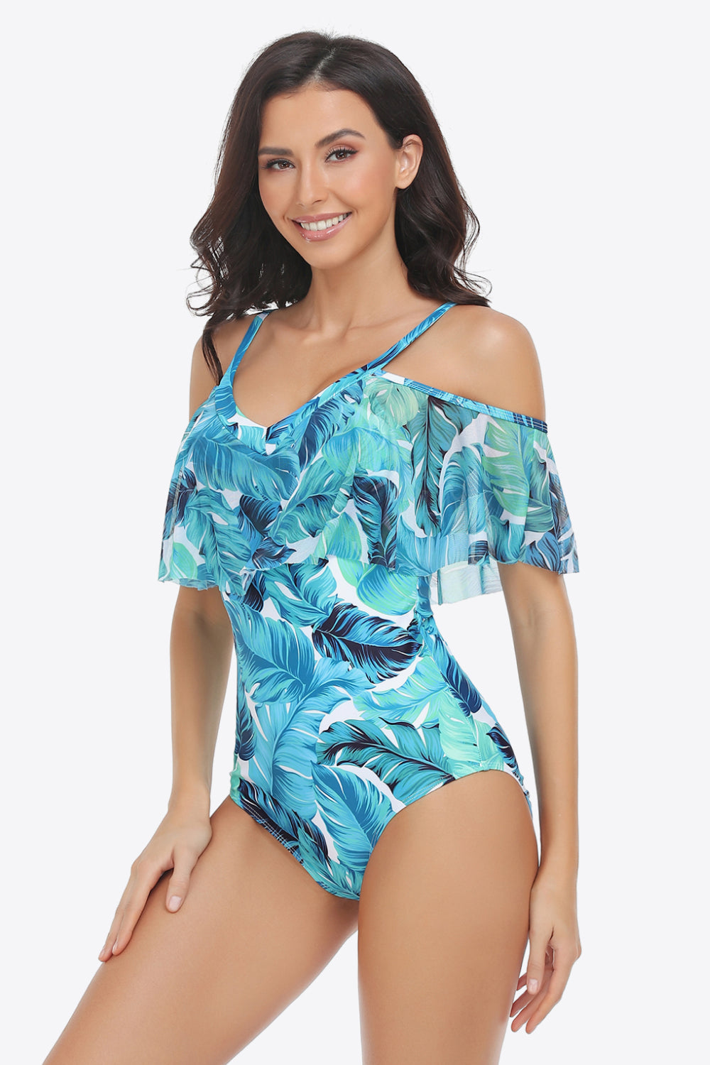 Botanical Print Cold-Shoulder Layered One-Piece Swimsuit - Dash Trend