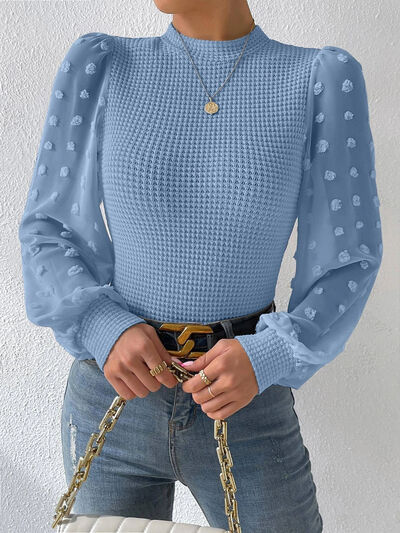 Swiss Dot Waffle-Knit Lantern Sleeve T-Shirt