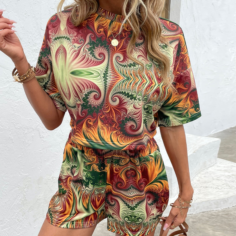 Printed Round Neck Dropped Shoulder Half Sleeve Top and Shorts Set - Dash Trend