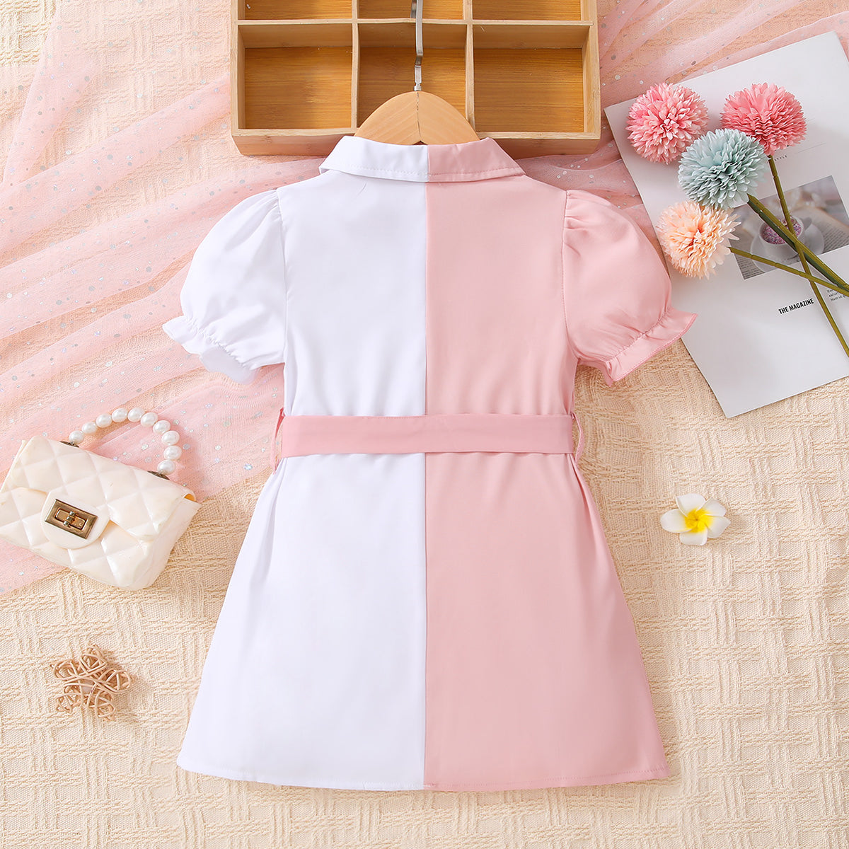 Girls Two-Tone Belted Shirt Dress - Dash Trend