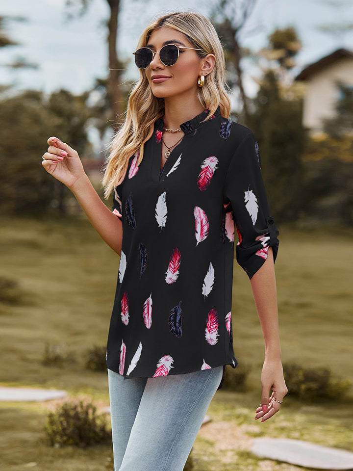 Printed Roll-Tab Sleeve Notched Neck Blouse - Dash Trend