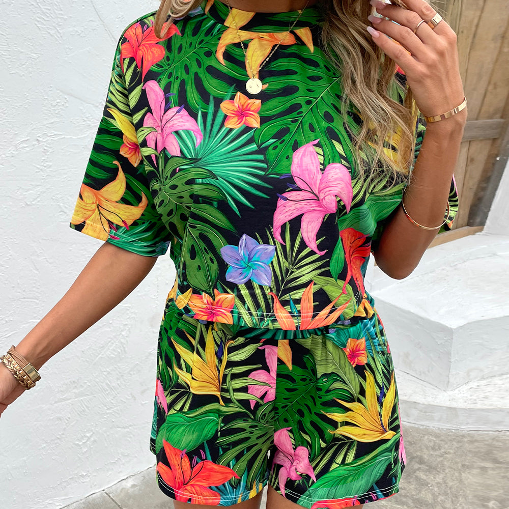 Floral Print Round Neck Dropped Shoulder Half Sleeve Top and Shorts Set - Dash Trend