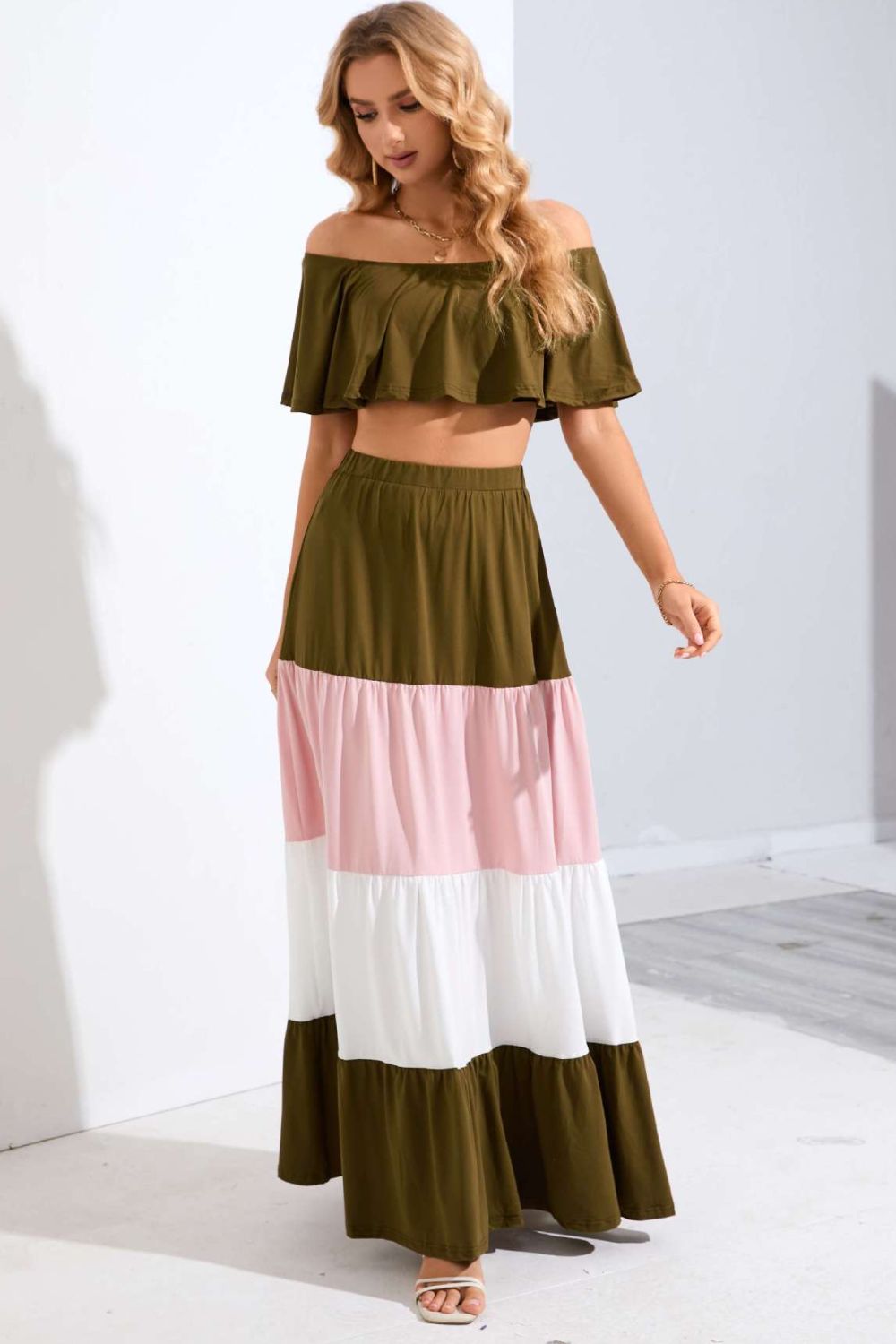Off-Shoulder Crop Top and Color Block Tiered Skirt Set - Dash Trend