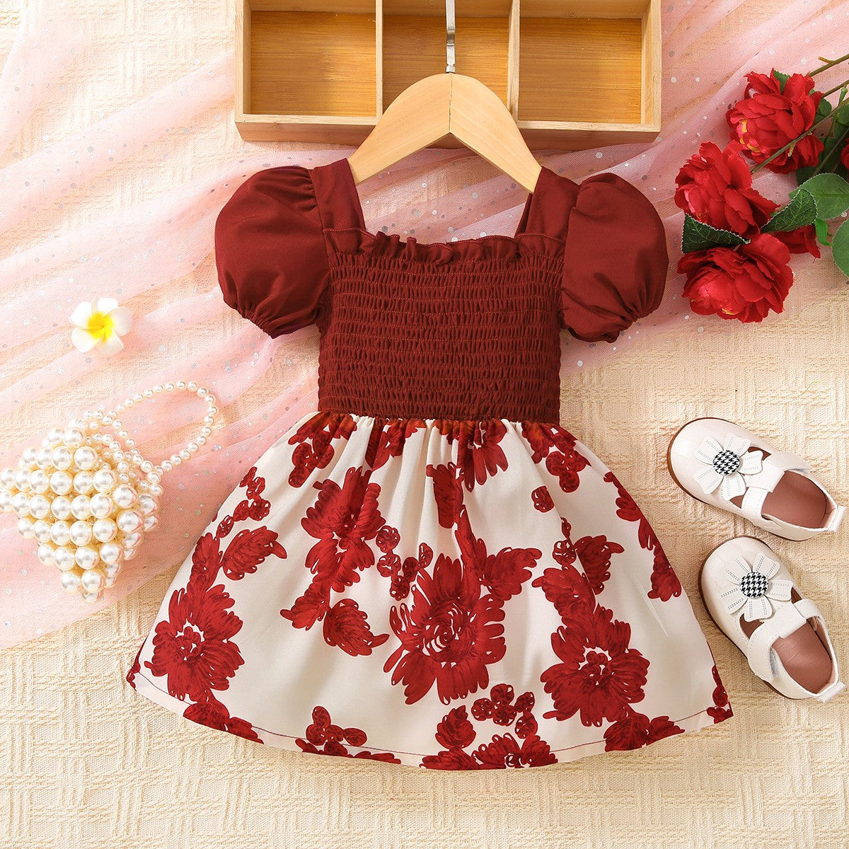 Baby Girl Floral Frill Trim Square Neck Smocked Dress - Dash Trend