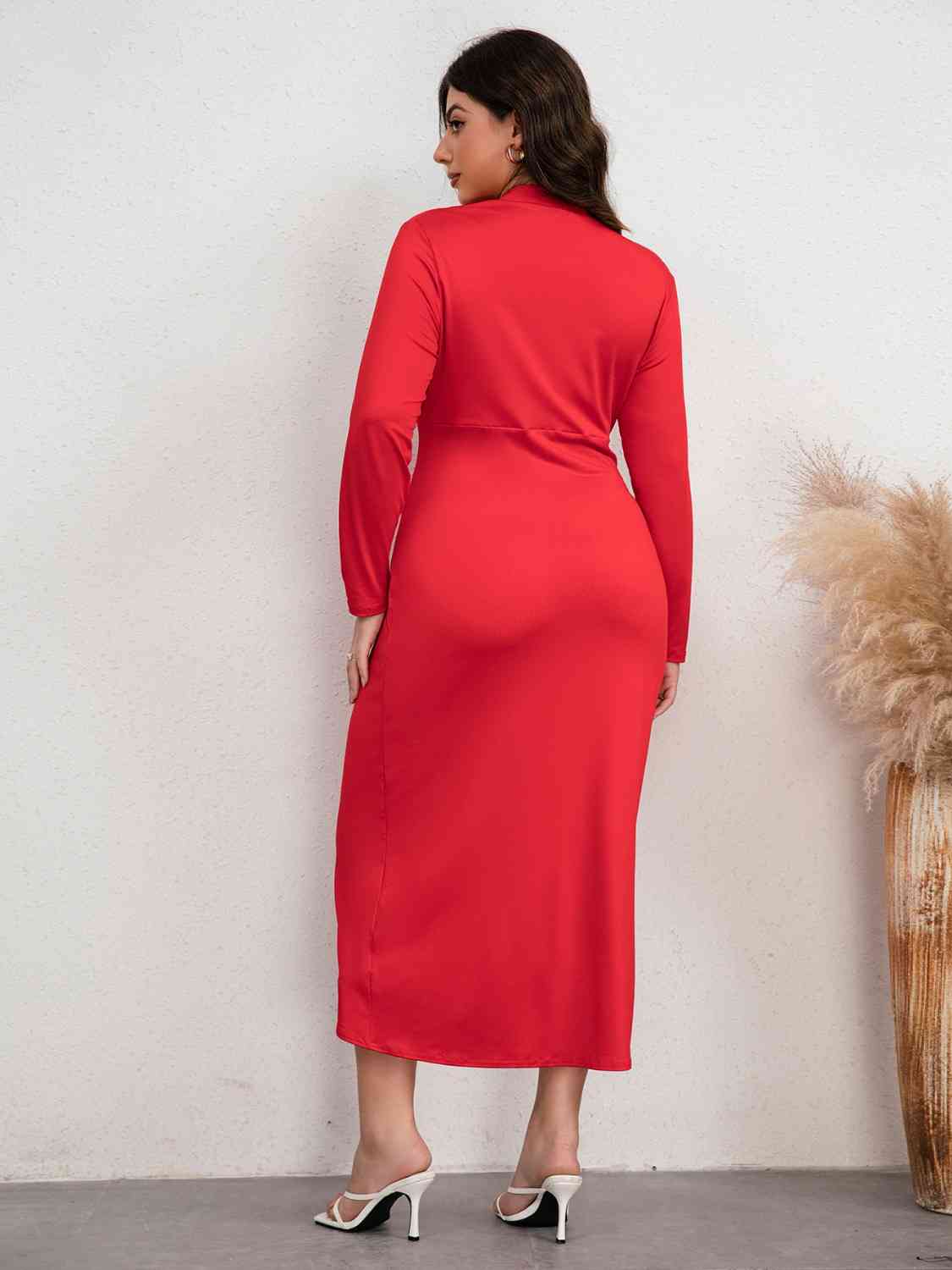 Plus Size Plunge Ruched Slit Dress - Dash Trend