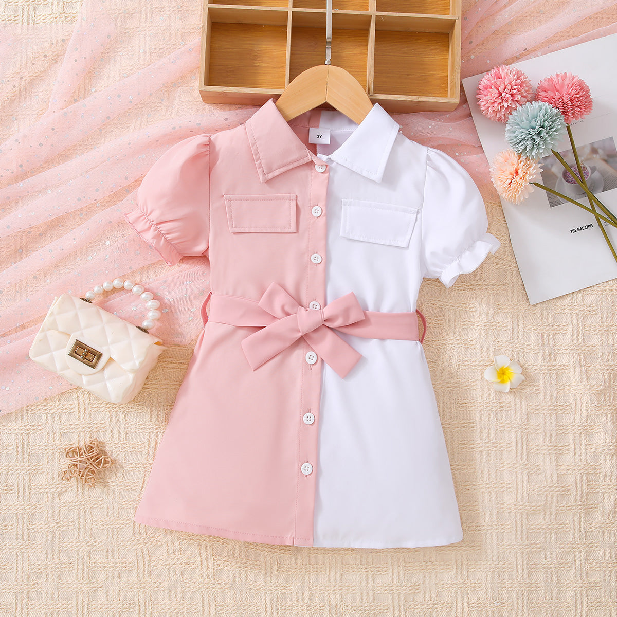 Girls Two-Tone Belted Shirt Dress - Dash Trend