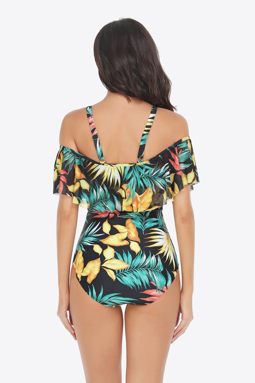 Botanical Print Cold-Shoulder Layered One-Piece Swimsuit - Dash Trend