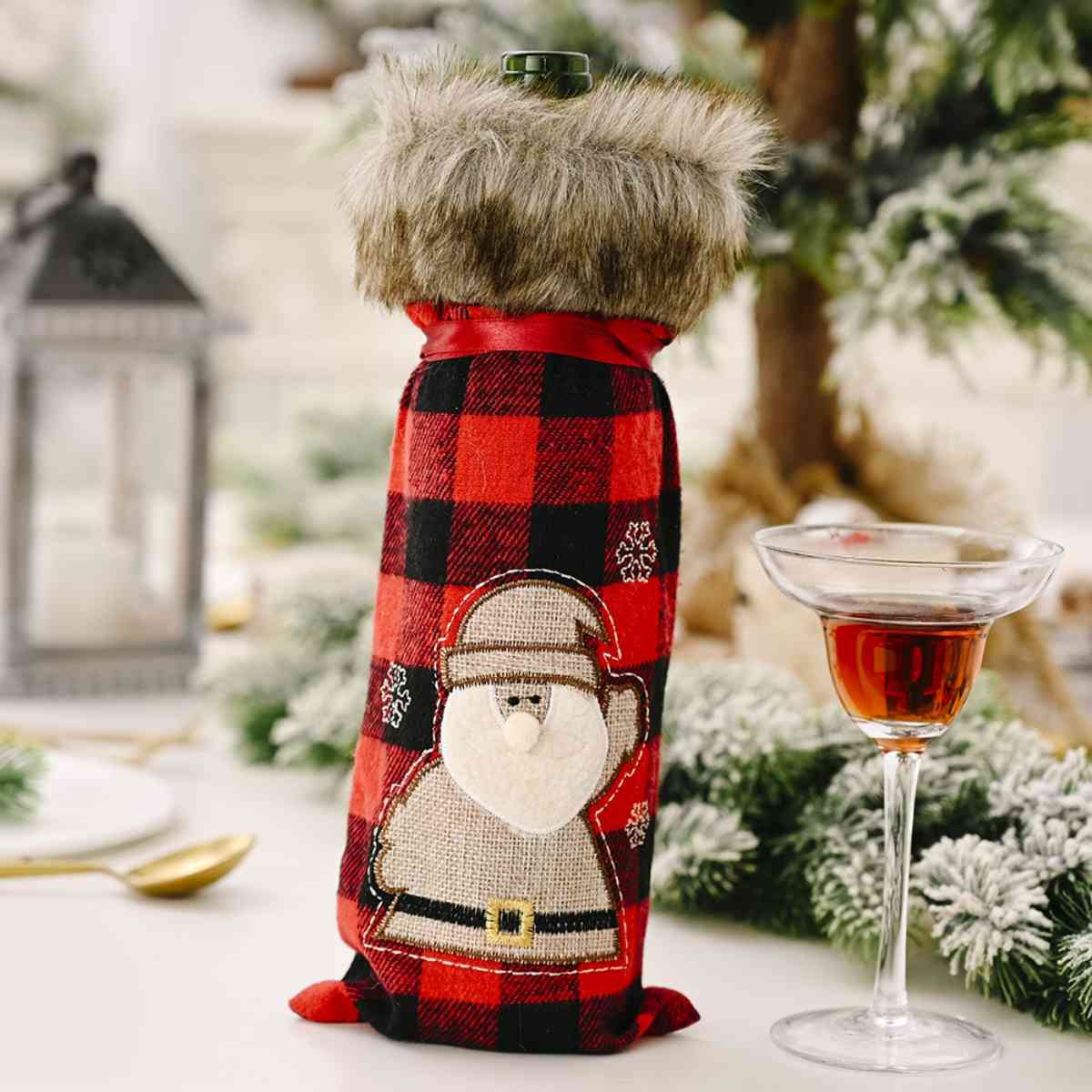 Christmas Graphic Plaid Wine Bottle Cover - Dash Trend