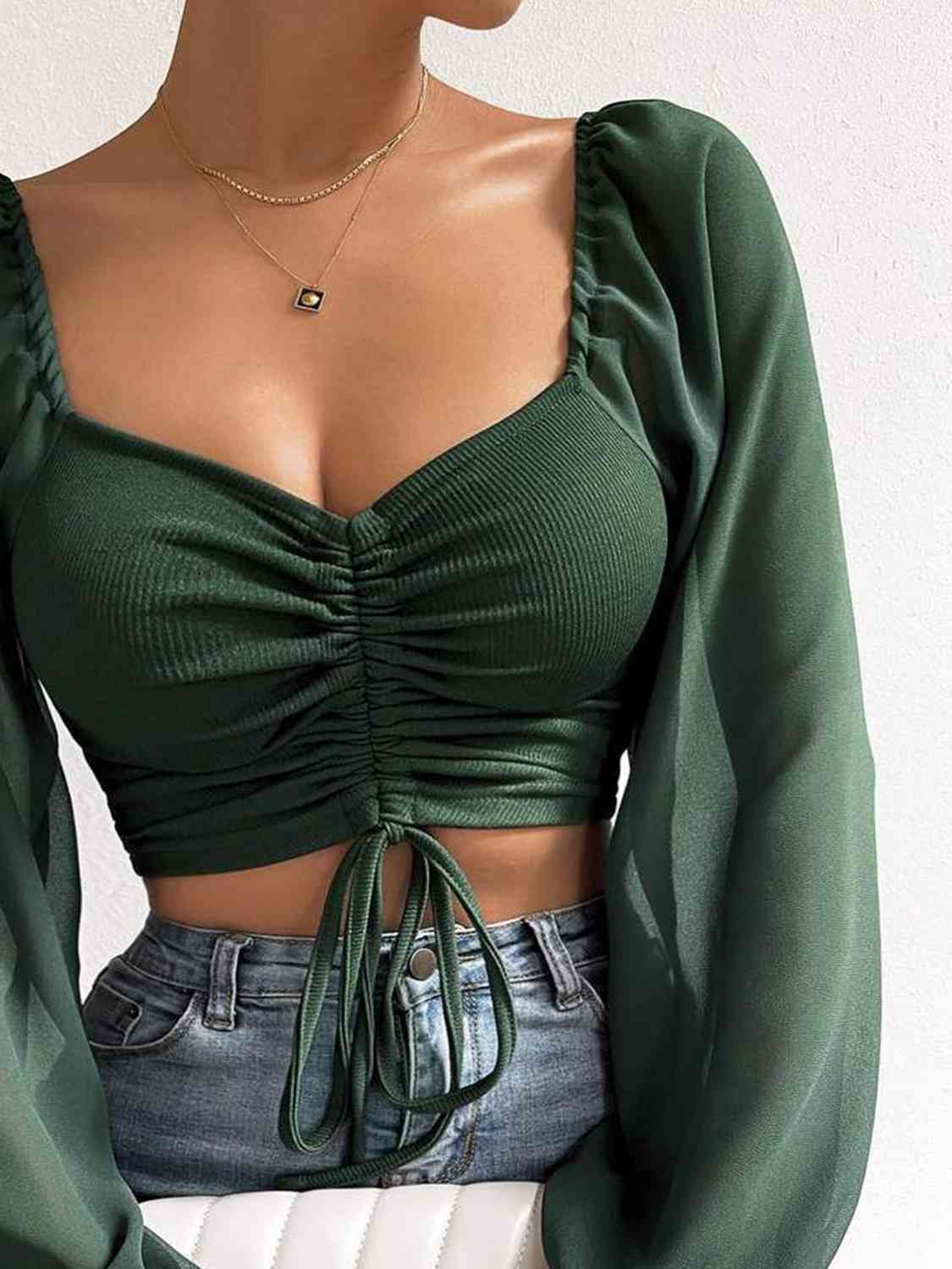 Drawstring Sweetheart Neck Cropped Top - Dash Trend