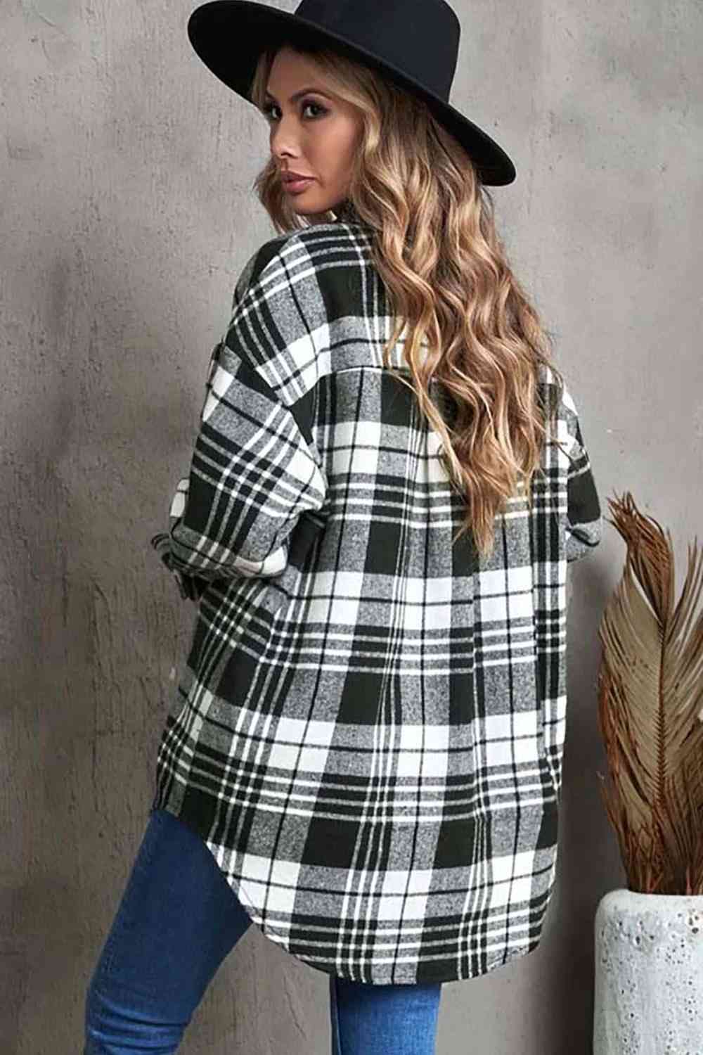 Plaid Collared Neck Button Up Jacket with Pockets - Dash Trend
