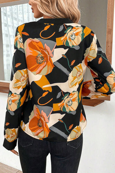 Floral Notched Long Sleeve Blouse - Dash Trend