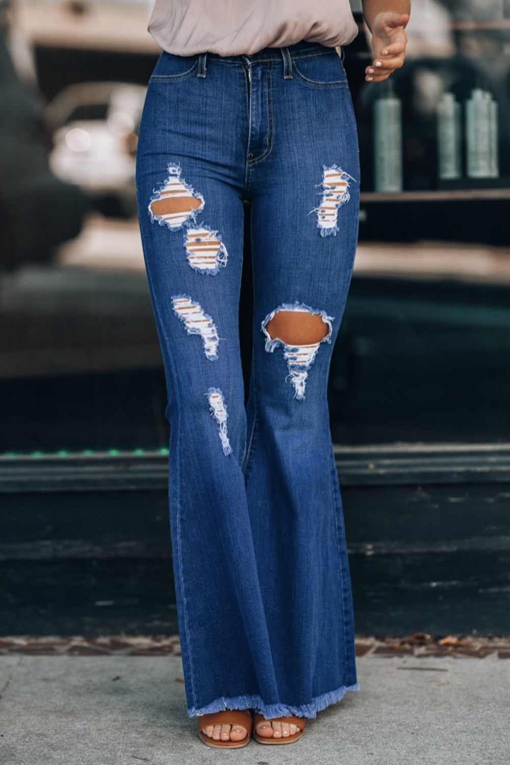 Distressed Raw Hem Flare Jeans - Dash Trend