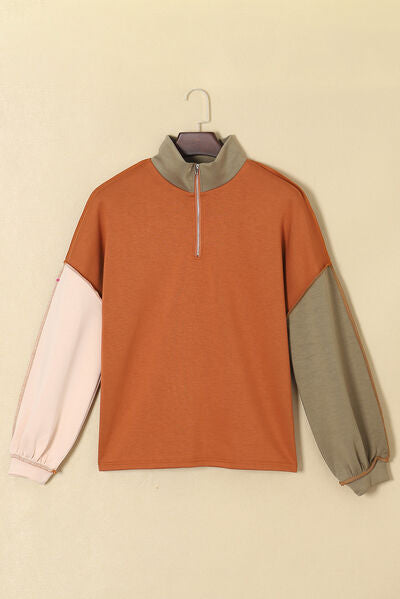 Color Block Exposed Seam Half Zip Sweatshirt