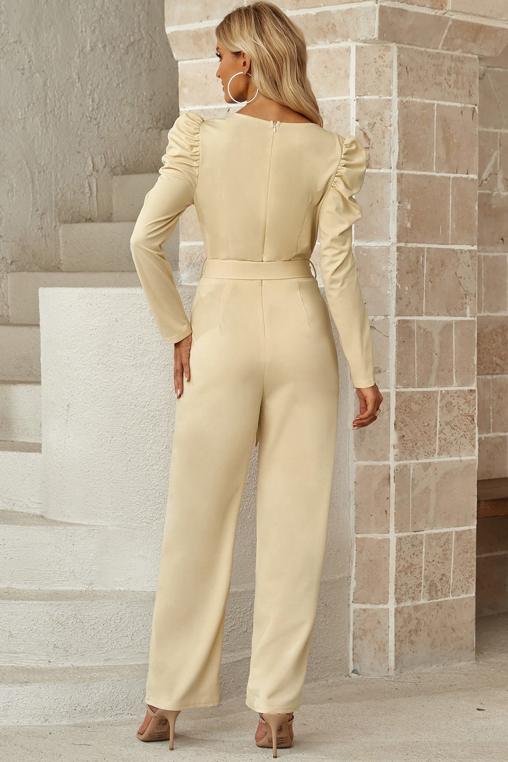 Belted Long Puff Sleeve V-Neck Jumpsuit - Dash Trend