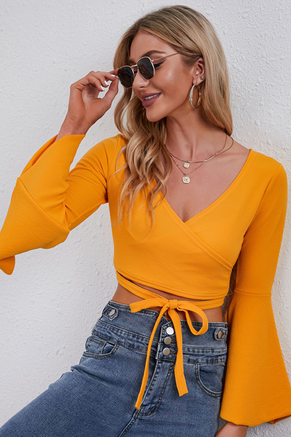 Tie Front Flare Sleeve Cropped Top - Dash Trend