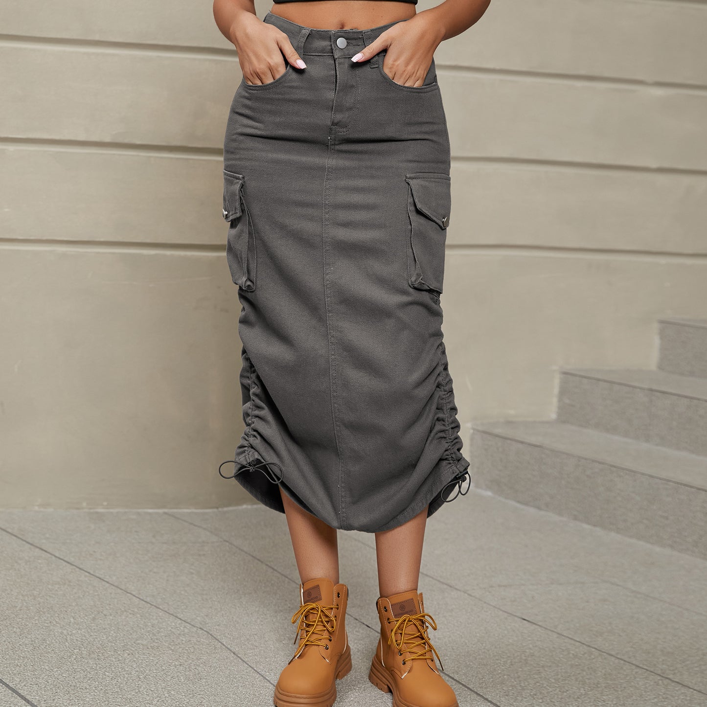 Drawstring Ruched Slit Denim Midi Skirt - Dash Trend