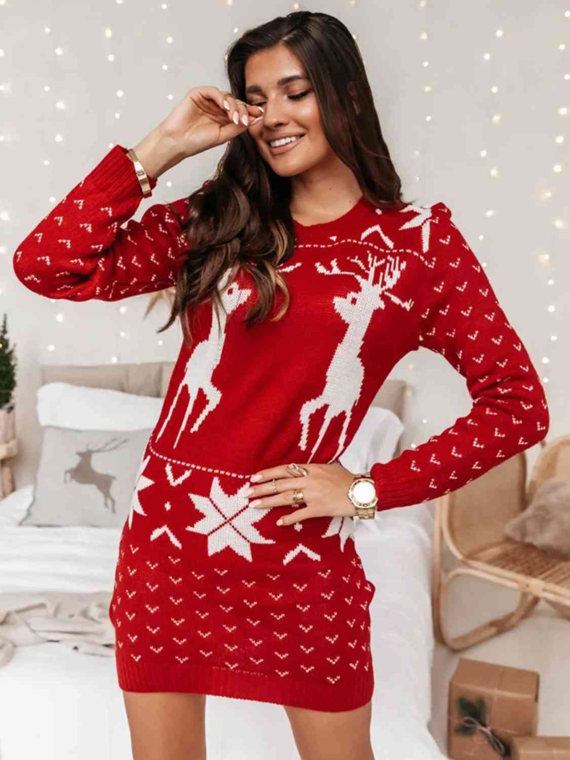 Reindeer Print Tunic Sweater Dress - Dash Trend