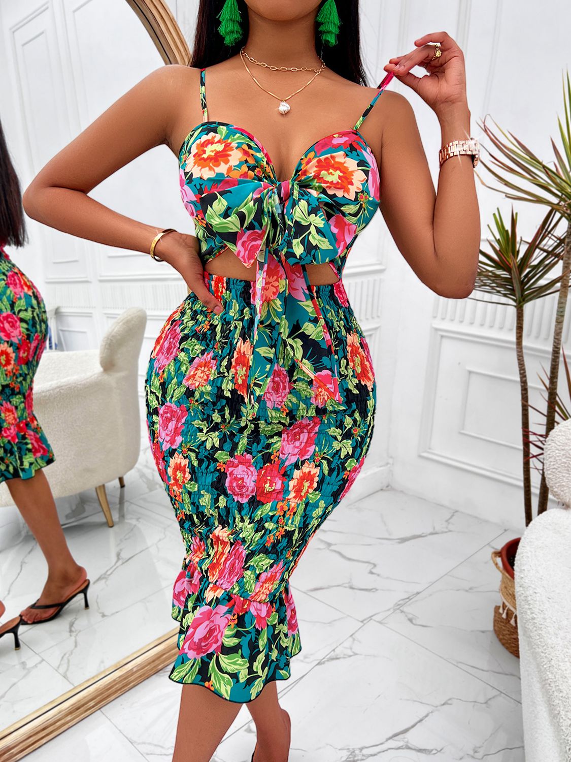 Floral Sweetheart Neck Cutout Dress - Dash Trend