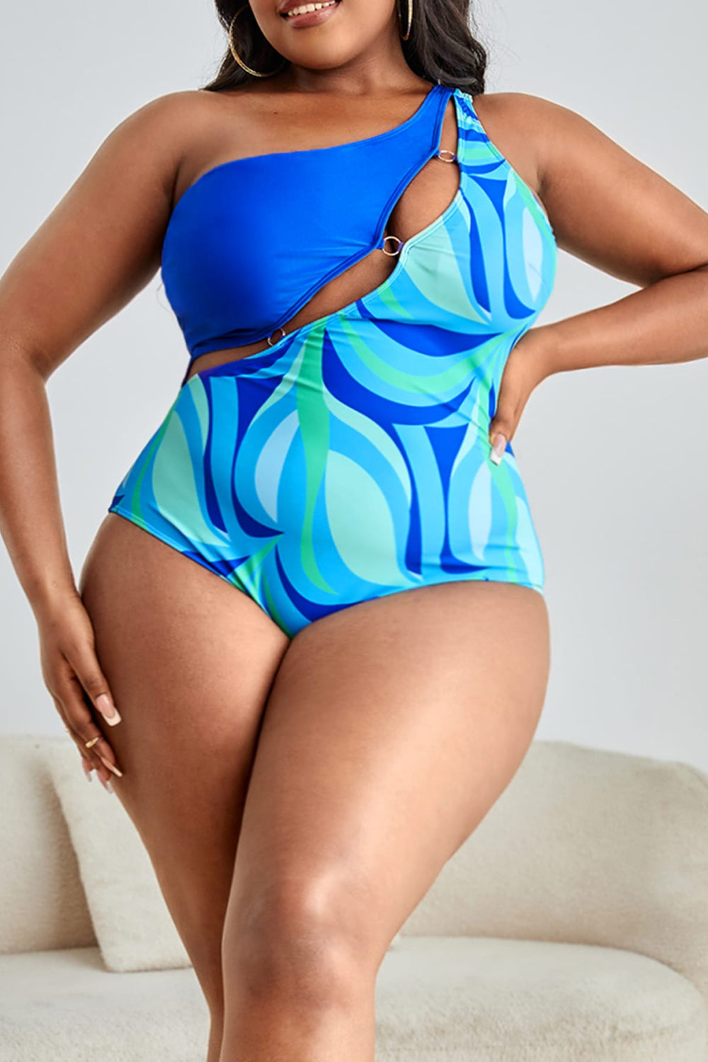 Plus Size Printed Ring Detail One-Shoulder One-Piece Swimsuit - Dash Trend