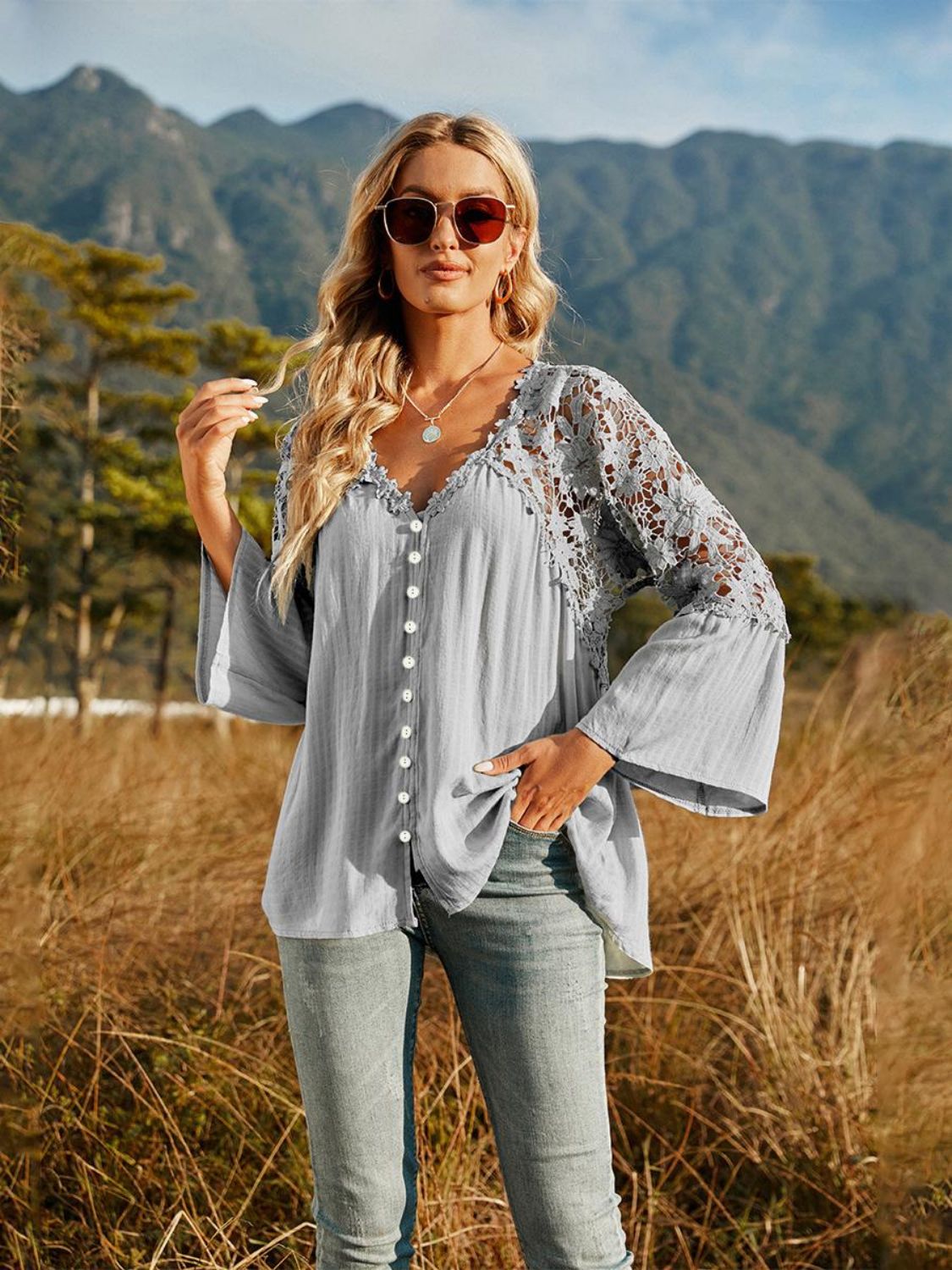 Spliced Lace Buttoned Blouse - Dash Trend
