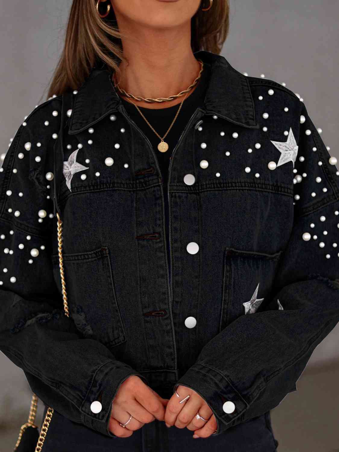 Pearl Trim Button Up Denim Jacket with Pockets - Dash Trend