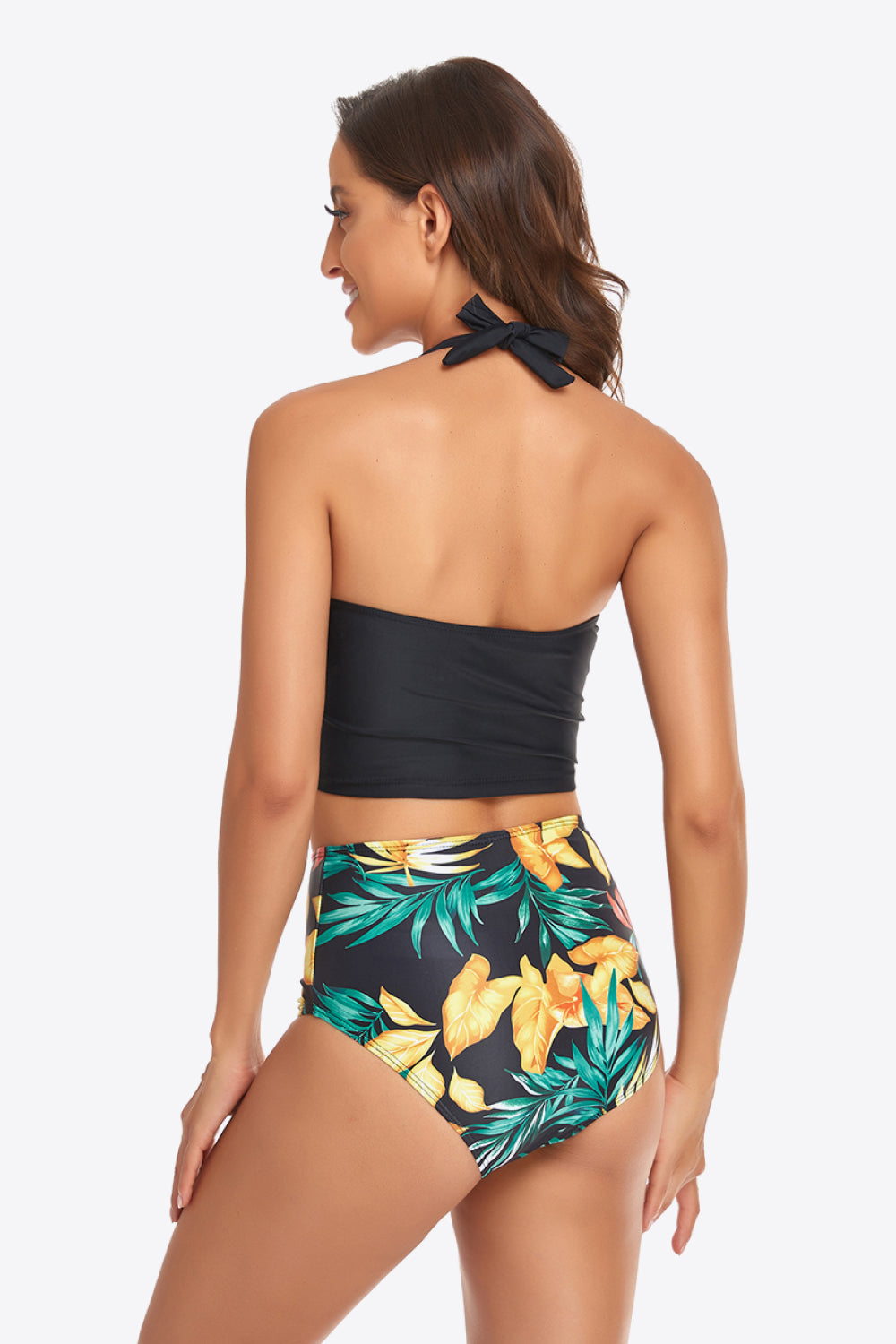 Botanical Print Halter Neck Drawstring Detail Bikini Set - Dash Trend